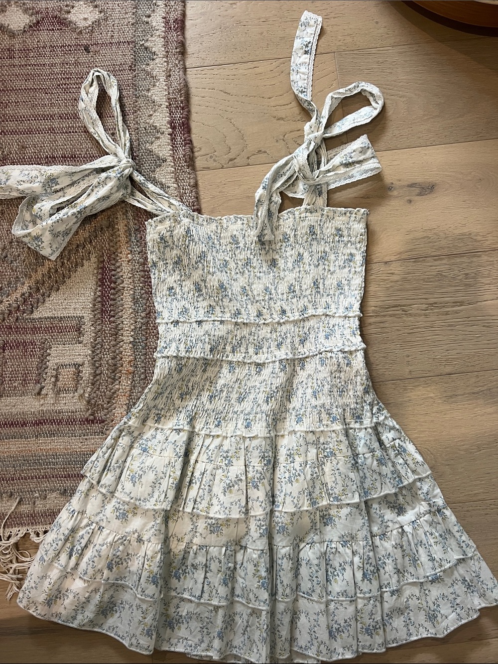 Wilde Heart Smocked Floral Tie-Shoulder Dress in Cream and Light Blue